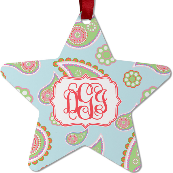 Custom Blue Paisley Metal Star Ornament - Double Sided w/ Monogram