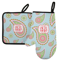 Blue Paisley Left Oven Mitt & Pot Holder Set w/ Monogram