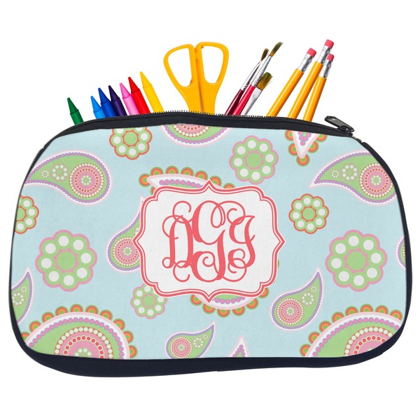 Custom Blue Paisley Neoprene Pencil Case - Medium w/ Monogram