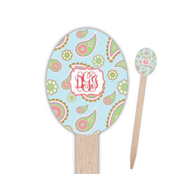 Custom Blue Paisley Oval Wooden Food Picks - Double Sided (Personalized)