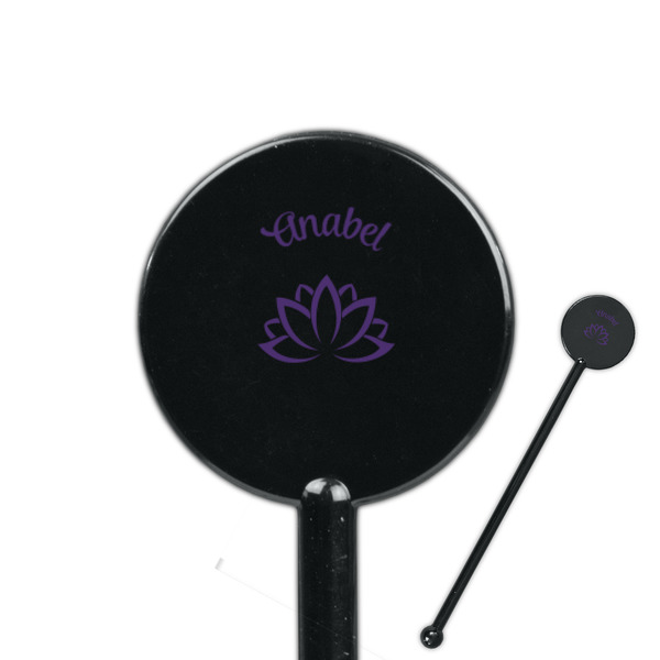 Custom Lotus Flower 5.5" Round Plastic Stir Sticks - Black - Single Sided (Personalized)