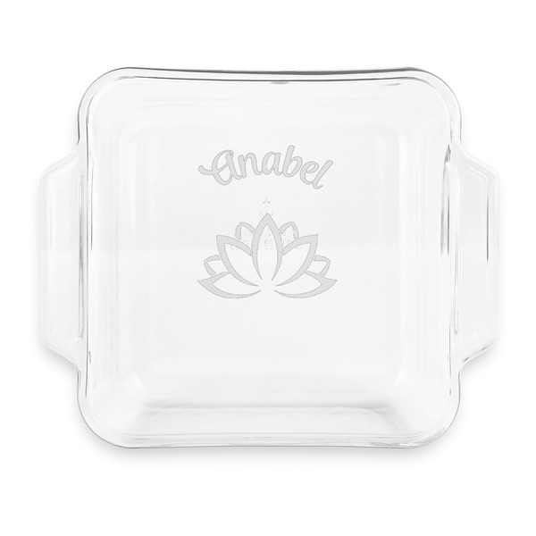 Custom Lotus Flower Glass Cake Dish with Truefit Lid - 8in x 8in (Personalized)