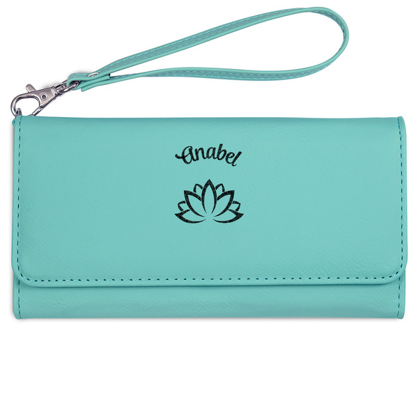 Custom Lotus Flower Ladies Leatherette Wallet - Laser Engraved- Teal (Personalized)