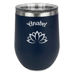 Lotus Flower Stemless Stainless Steel Wine Tumbler - Navy - Single Sided (Personalized)