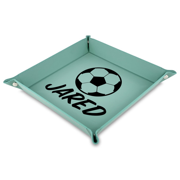 Custom Soccer Faux Leather Dice Tray - 9" x 9"  - Teal (Personalized)