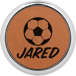 Soccer Set of 4 Leatherette Round Coasters w/ Silver Edge (Personalized)