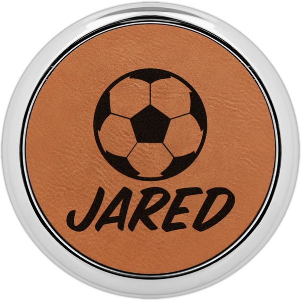 Custom Soccer Leatherette Round Coaster w/ Silver Edge (Personalized)