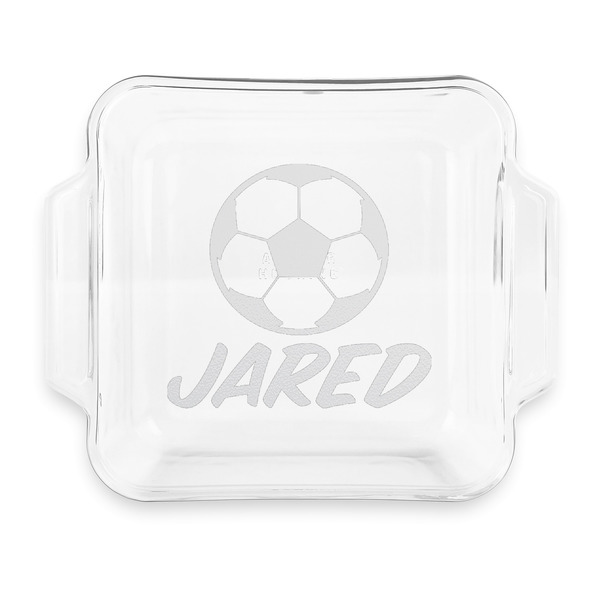 Custom Soccer Glass Cake Dish with Truefit Lid - 8in x 8in (Personalized)