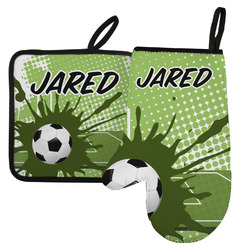 Soccer Left Oven Mitt & Pot Holder Set w/ Name or Text