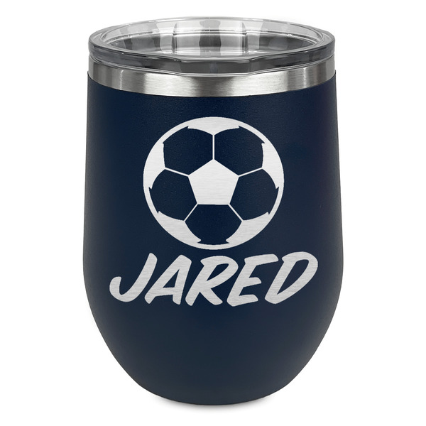 Custom Soccer Stemless Stainless Steel Wine Tumbler - Navy - Double Sided (Personalized)