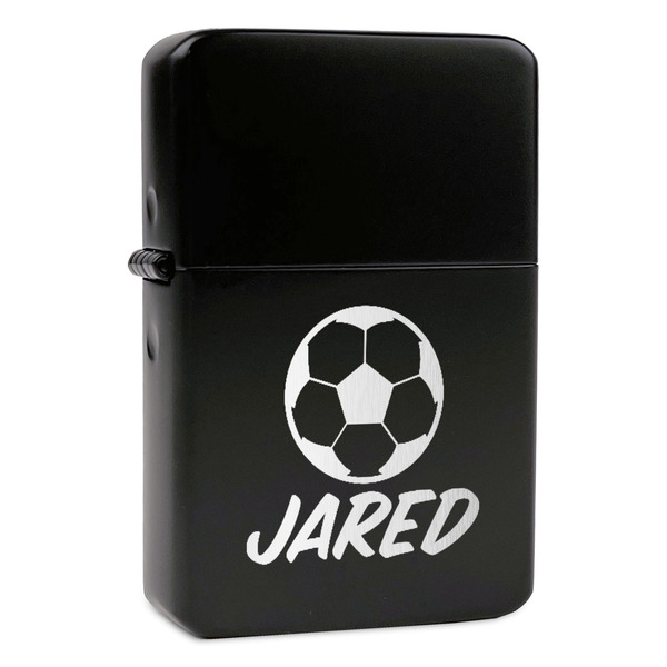 Custom Soccer Windproof Lighter - Black - Double Sided & Lid Engraved (Personalized)