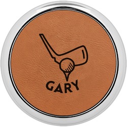Golf Leatherette Round Coaster w/ Silver Edge (Personalized)
