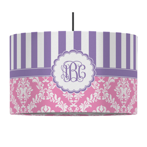 Custom Pink & Purple Damask 12" Drum Pendant Lamp - Fabric (Personalized)