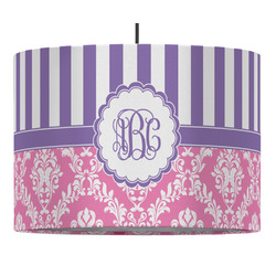 Pink & Purple Damask 16" Drum Pendant Lamp - Fabric (Personalized)