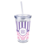 Pink & Purple Damask 16oz Double Wall Acrylic Tumbler with Lid & Straw - Full Print (Personalized)