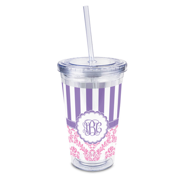 Custom Pink & Purple Damask 16oz Double Wall Acrylic Tumbler with Lid & Straw - Full Print (Personalized)