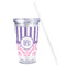 Pink & Purple Damask Acrylic Tumbler - Full Print - Front straw out