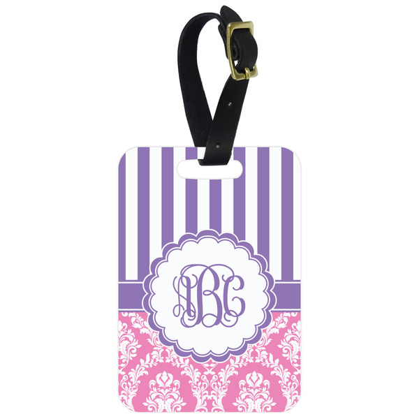 Custom Pink & Purple Damask Metal Luggage Tag w/ Monogram