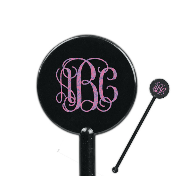 Custom Pink & Purple Damask 5.5" Round Plastic Stir Sticks - Black - Single Sided (Personalized)