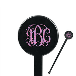 Pink & Purple Damask 7" Round Plastic Stir Sticks - Black - Double Sided (Personalized)