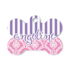 Pink & Purple Damask Bone Shaped Dog ID Tag - Small (Personalized)