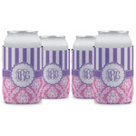 Pink & Purple Damask Can Cooler (12 oz) - Set of 4 w/ Monogram