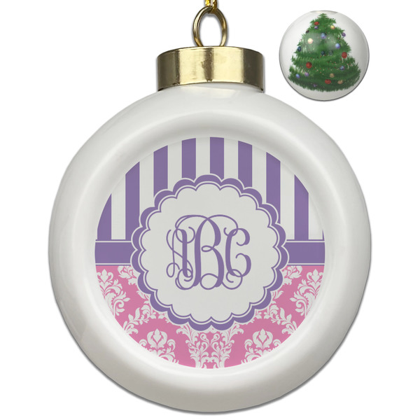 Custom Pink & Purple Damask Ceramic Ball Ornament - Christmas Tree (Personalized)