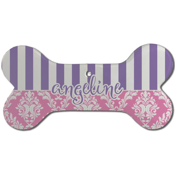 Custom Pink & Purple Damask Ceramic Dog Ornament - Front w/ Monogram