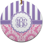 Pink & Purple Damask Round Ceramic Ornament w/ Monogram