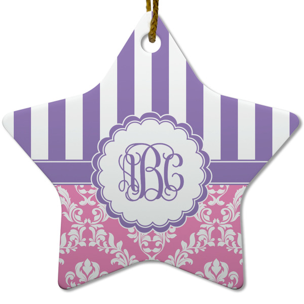 Custom Pink & Purple Damask Star Ceramic Ornament w/ Monogram