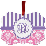 Pink & Purple Damask Metal Frame Ornament - Double Sided w/ Monogram