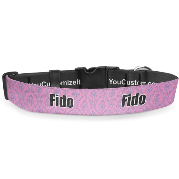 Custom Pink & Purple Damask Deluxe Dog Collar - Extra Large (16" to 27") (Personalized)