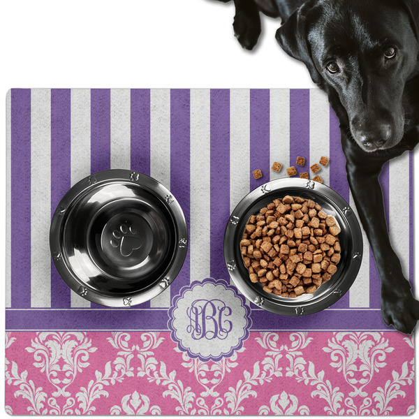 Custom Pink & Purple Damask Dog Food Mat - Large w/ Monogram