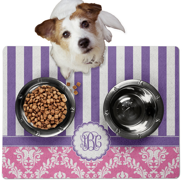 Custom Pink & Purple Damask Dog Food Mat - Medium w/ Monogram