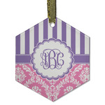 Pink & Purple Damask Flat Glass Ornament - Hexagon w/ Monogram