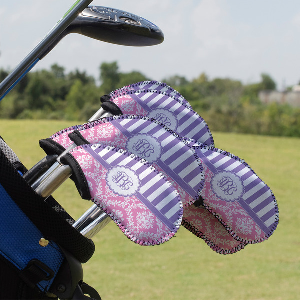 Custom Pink & Purple Damask Golf Club Iron Cover - Set of 9 (Personalized)