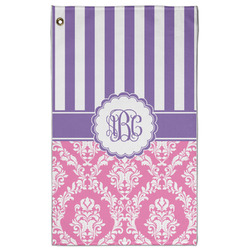 Pink & Purple Damask Golf Towel - Poly-Cotton Blend - Large w/ Monograms