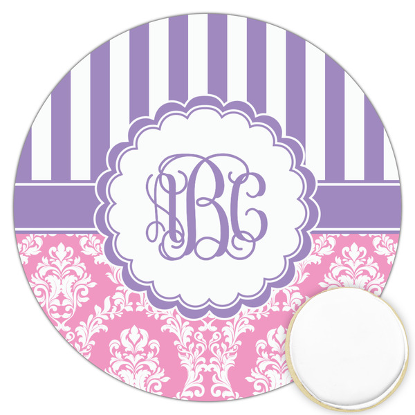 Custom Pink & Purple Damask Printed Cookie Topper - 3.25" (Personalized)