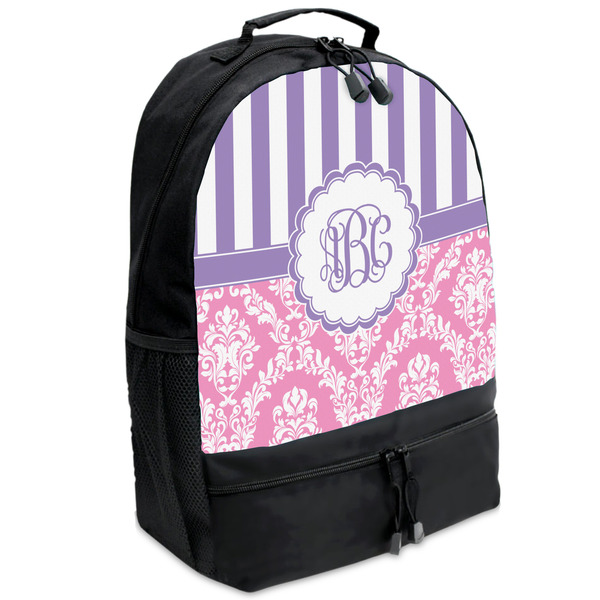 Custom Pink & Purple Damask Backpacks - Black (Personalized)