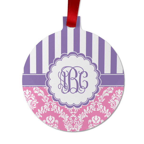 Custom Pink & Purple Damask Metal Ball Ornament - Double Sided w/ Monogram