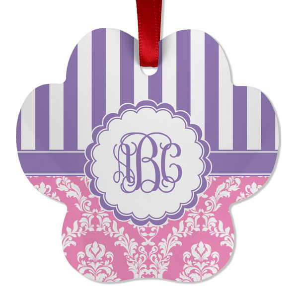 Custom Pink & Purple Damask Metal Paw Ornament - Double Sided w/ Monogram