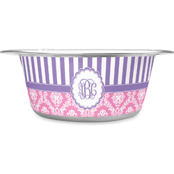 Pink & Purple Damask Stainless Steel Dog Bowl - Large (Personalized)