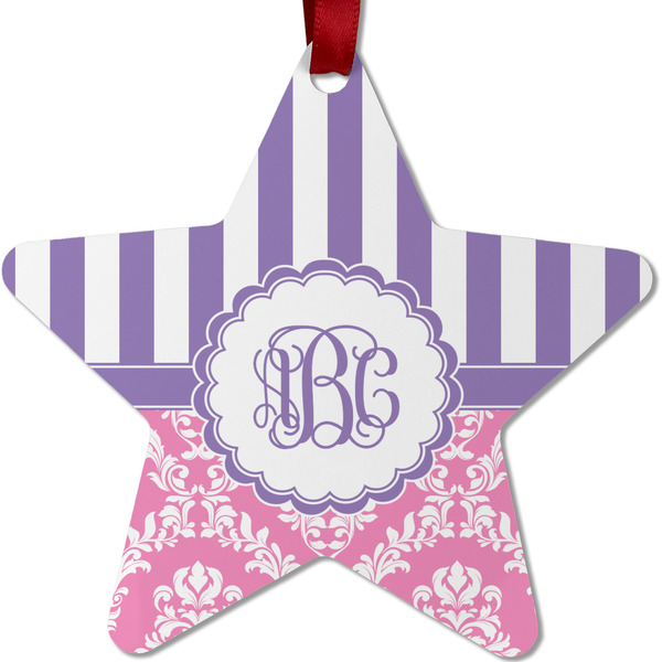 Custom Pink & Purple Damask Metal Star Ornament - Double Sided w/ Monogram