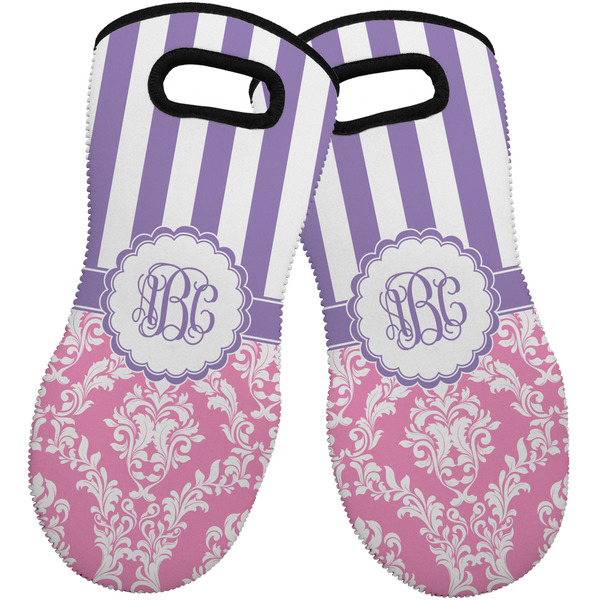 Custom Pink & Purple Damask Neoprene Oven Mitts - Set of 2 w/ Monogram