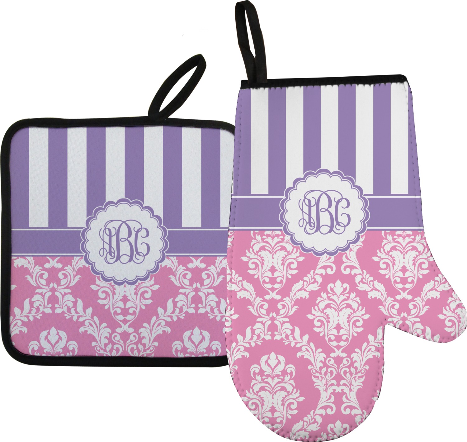 Custom Pink & Purple Damask Neoprene Oven Mitt w/ Monograms