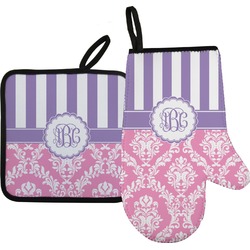 Pink & Purple Damask Oven Mitt & Pot Holder Set w/ Monogram