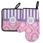 Pink & Purple Damask Left Oven Mitt & Pot Holder Set w/ Monogram