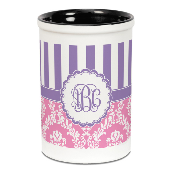 Custom Pink & Purple Damask Ceramic Pencil Holders - Black