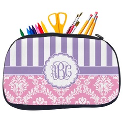 Pink & Purple Damask Neoprene Pencil Case - Medium w/ Monogram