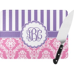 Pink & Purple Damask Rectangular Glass Cutting Board - Large - 15.25"x11.25" w/ Monograms